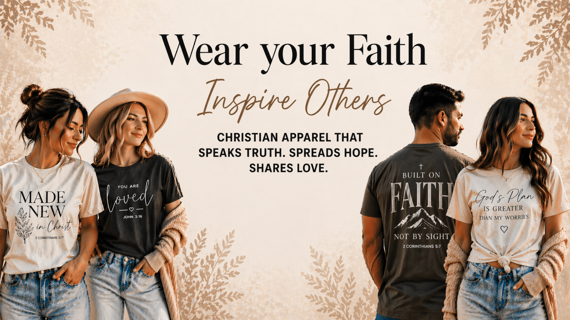 Four people wearing Christian-themed t-shirts with text on a decorative background.